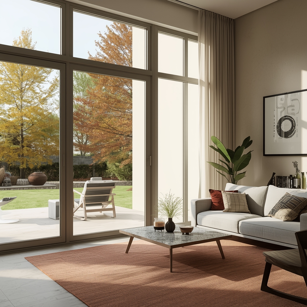 lucid origin photorealistic interior of a modern home with large tinted windows bright sunlig 0