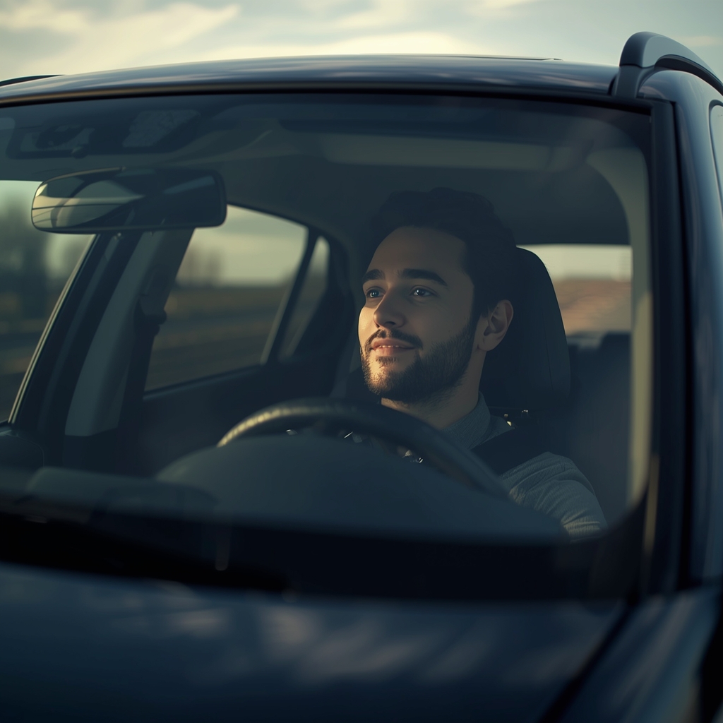 lucid origin realistic photo of a driver inside a car with tinted windows no sun glare relaxe 0