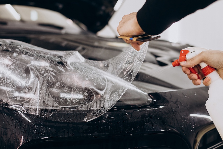 male worker wrapping car with ptotective foil